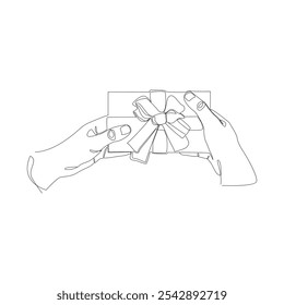 Hands holding a gift lineart. Hands gives Xmas holiday surprise. Christmas present with bow ribbon. Vector illustration isolated on white background