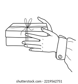 Hands holding gift. Offering present in box for holiday. Sketch doodle vector illustration