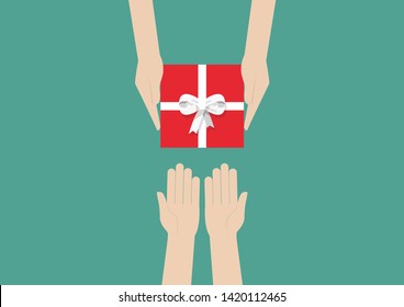 Hands holding gift or present box. Vector illustration