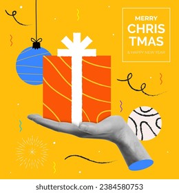 Hands holding Giftbox, glasses, Christmas tree toy and sparkler. Trendy collage art. Design for poster, banner or greeting card.  Christmas and New Year concept. Vector Illustration