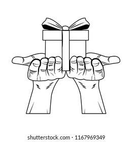 Hands holding giftbox pop art in black and white