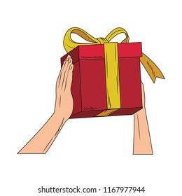 Hands holding giftbox pop art