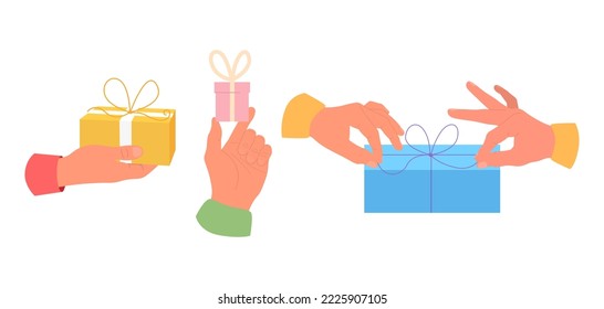 Hands holding gifts. Christmas or birthday giftbox. Flat vector illustration isolated on white background.