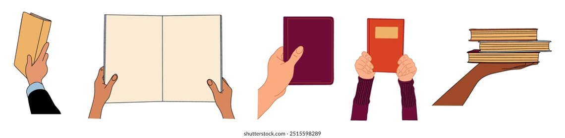 Manos sosteniendo, dando, compartiendo libros de papel conjunto