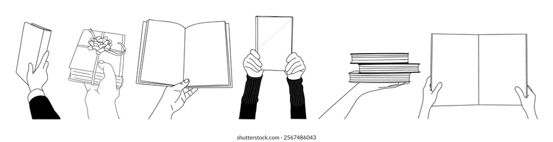 Hands holding, giving, sharing paper books set. Taking, recommending fiction and study literature for reading, school textbooks. Book mockup. Outline vector drawings isolated on white background