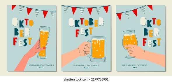 Hands holding glass of beer. Set of banners design templates for Oktoberfest. Colorful templates for poster, banner, magazine first page, leaflet, business flyer. Promotion concept cards.