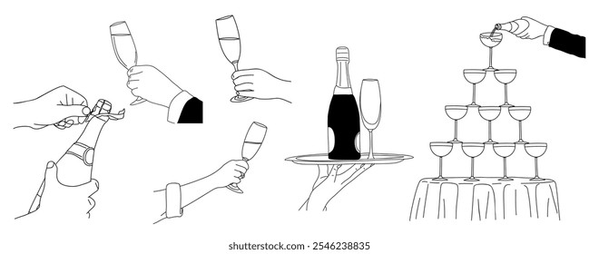 Hands holding glass with champagne, open bottle.