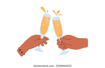 Hands Holding Glass of Champagne or Sparking Wine. Cristmas Cheers. Cartoon flat illustration on white background
