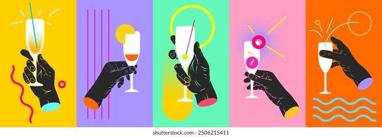 Manos sosteniendo el vaso con cóctel o alcohol. Arte conceptual Abstractas en estilo colorido para vacaciones, festivales o celebraciones. Moderna Ilustración vectorial mínima.