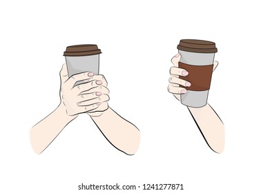 hands holding a glass of coffee. vector illustration.