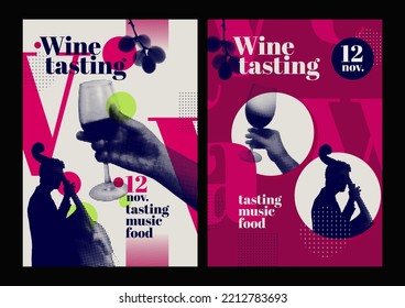 Hands holding glass of wine and silhouette of musician playing contrabass. Retro style, halftone effect. Template for event poster, magazine, cover or promotion. Vector