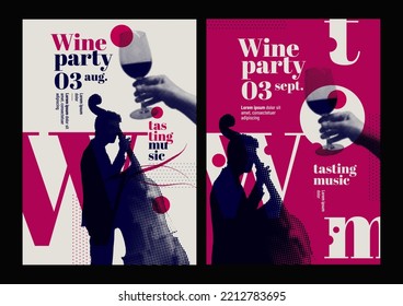 Hands holding glass of wine and silhouette of musician playing contrabass. Retro style, halftone effect. Template for event poster, magazine, cover or promotion. Vector