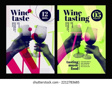 Hands holding glass of wine and toasting, retro style, halftone effect. Template for event poster, magazine, cover or promotion. Vector