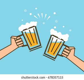 Hands holding a glasses of beer and clinking glasses, flat design, beer day