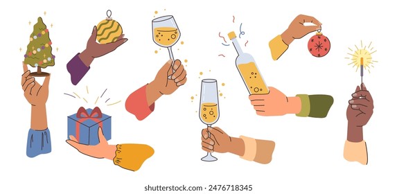 Hands holding glasses and bottles with sparkling wine or champagne. Vector people celebrating new year or xmas, holding Christmas tree, presents and baubles with ornaments patterns decor