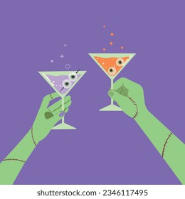 Hands holding glasses of champagne and celebrate for Halloween night party, Cheers,  happy halloween party concept.