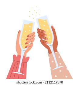 Hands holding glasses of champagne and clinking. Flat vector illustration isolated on white background