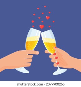 Hands holding glasses with champagne. Valentine celebrating concept. Festive vector illustration.