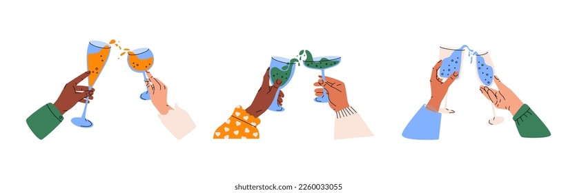 Hands holding glasses with cocktails. Drinking toast cheers to celebrate, friends gathering together. Cartoon vector set