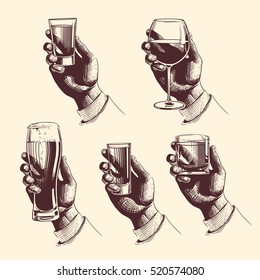 Hands holding glasses with drinks beer, tequila, vodka, rum, whiskey, wine. vector engraved illustration