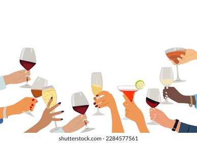 Hands holding glasses with drinks vector border.