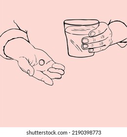 Hands holding glasses and pills, treatment process, diet, giving supplements.