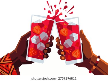 Hands holding glasses of red drink with ice and fruit cheering flat vector illustration