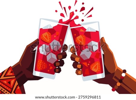 Hands holding glasses of red drink with ice and fruit cheering flat vector illustration