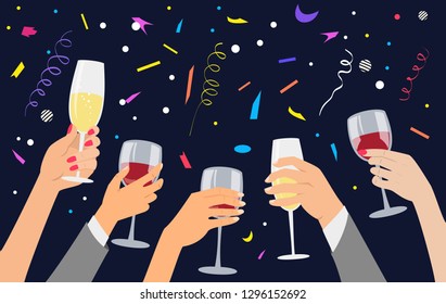 Hands holding a glasses with red wine and champagne. Vector illustration.