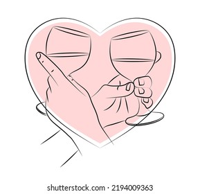 Manos sosteniendo gafas con vino tinto. Cena romántica en la noche de dos amantes. Feliz fiesta de vinos. Que te den un brindis de bodas. Citas. Celebración del Día de San Valentín. La dulce y feliz pareja joven acaba de casarse. Esbozo