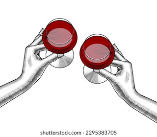 Hands holding a glasses with red wine. Friends raising a toast with glasses of  wine at family dinner.  Friends cheering with wine glasses. Vintage engraving stylized drawing. Vector illustration