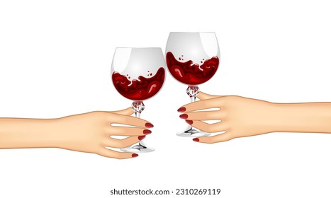 Hands holding a glasses with red wine. Friends raising a toast with glasses of wine at family dinner. Friends cheering with wine glasses. Vintage engraving stylized drawing. Vector illustration