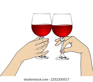 Hands holding glasses with red wine. Hands of girlfriends clink glasses with red wine. Friends raise a toast with glasses of wine at a family dinner. Vector illustration