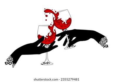 Hands holding glasses with red wine. Hands of girlfriends clink glasses with red wine. Friends raise a toast with glasses of wine at a family dinner. Vector illustration