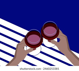 Manos sosteniendo vasos con vino tinto. Amigos hacen un brindis con copas de vino en una cena familiar.    Relájese en la terraza junto al mar. Dibujo en color minimalista y plano. Ilustración vectorial