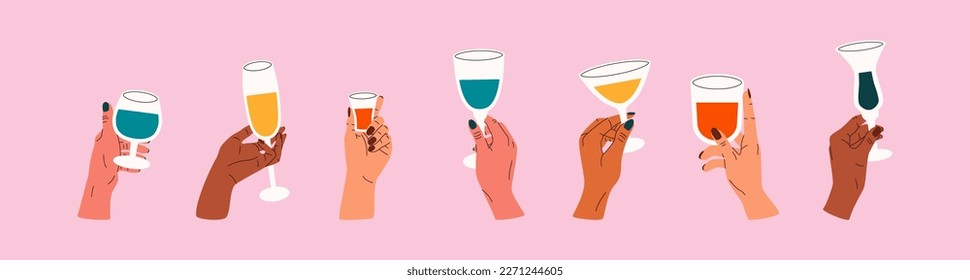 Manos con gafas puestas. Vino de caricatura, champán whisky martini, copas, vítores. Ilustración plana vectorial para tarjetas