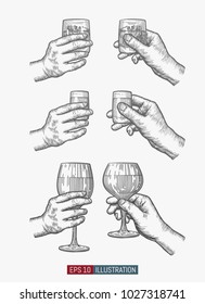 Hands holding glasses set. Template for your design works. Engraved style vector illustration.