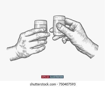 Hands holding glasses. Template for your design works. Engraved style vector illustration.