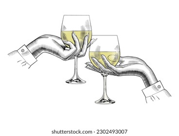 Hands holding a glasses with white wine. Friends raising a toast with glasses of wine at family dinner. Friends cheering with wine glasses. Vintage engraving stylized drawing. Vector illustration