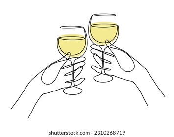 Hands holding a glasses with white wine. Friends raising a toast with glasses of wine at family dinner. Friends cheering with wine glasses. Vintage engraving stylized drawing. Vector illustration