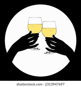 Hands holding a glasses with white wine. Friends raising a toast with glasses of wine at family dinner. Friends cheering with wine glasses. Vintage engraving stylized drawing. Vector illustration