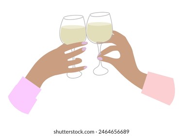 Hands holding glasses with white wine.  Celebrate, event, holiday. Friends raise a toast with glasses of wine at a family dinner.  Minimalistic and flat color drawing. Vector illustration