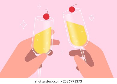 Hands holding a glasses with white wine. Friends raising a toast with glasses of wine at christmas dinner. Vector illustration