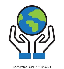 Hands holding global flat icons. Save the world concept. Simple style. Vector. Isolate on white background.