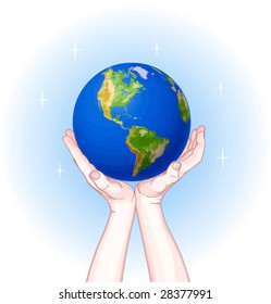 Manos sosteniendo el globo. Día de la Tierra