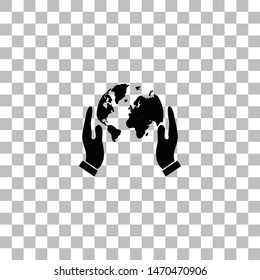 Hands holding globe earth. Black flat icon on a transparent background. Pictogram for your project