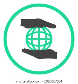 Hands holding globe earth concept sign. Green environment and recycle vector icons in a round frame isolated on a white background