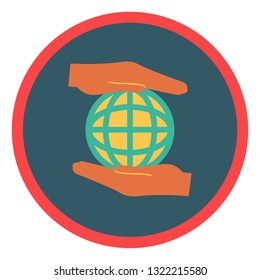 Hands holding globe earth concept sign. Green environment and recycle vector flat icons in a round frame