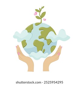 Mãos segurando globo, terra. Conceito do dia da Terra. . Salvando o planeta, o meio ambiente.  Ilustração isolada para cartão, cartão postal, capa. EPS 10 