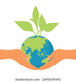 Hands holding globe earth with green sprout and leaves isolated on white background. Environment day. Earth day. Save planet concept. Vector illustration